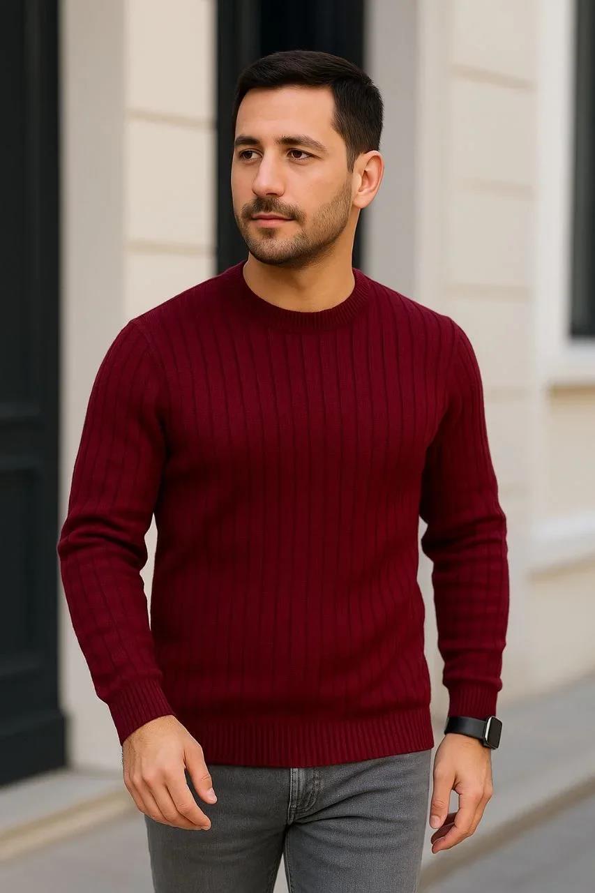 Erkek Fitilli Triko Kazak 2’li Set – Siyah & Bordo, Kalın Dokuma Pamuklu Regular Fit Bisiklet Yaka Uzun Kollu Rahat Kışlık Kazak Kombini