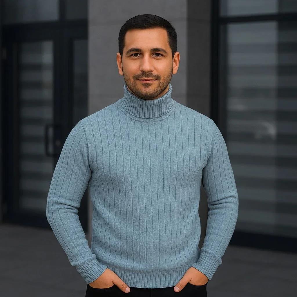 Erkek Fitilli Triko Kazak 2'li Set Bebek Mavisi Siyah Regular Balıkcı Yaka Tam Boğazlı Triko Seti Modeli Kazak