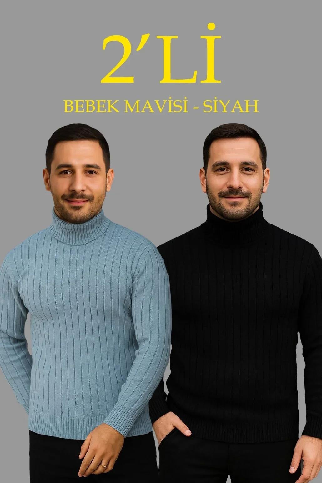 Erkek Fitilli Triko Kazak 2'li Set Bebek Mavisi Siyah Regular Balıkcı Yaka Tam Boğazlı Triko Seti Modeli Kazak