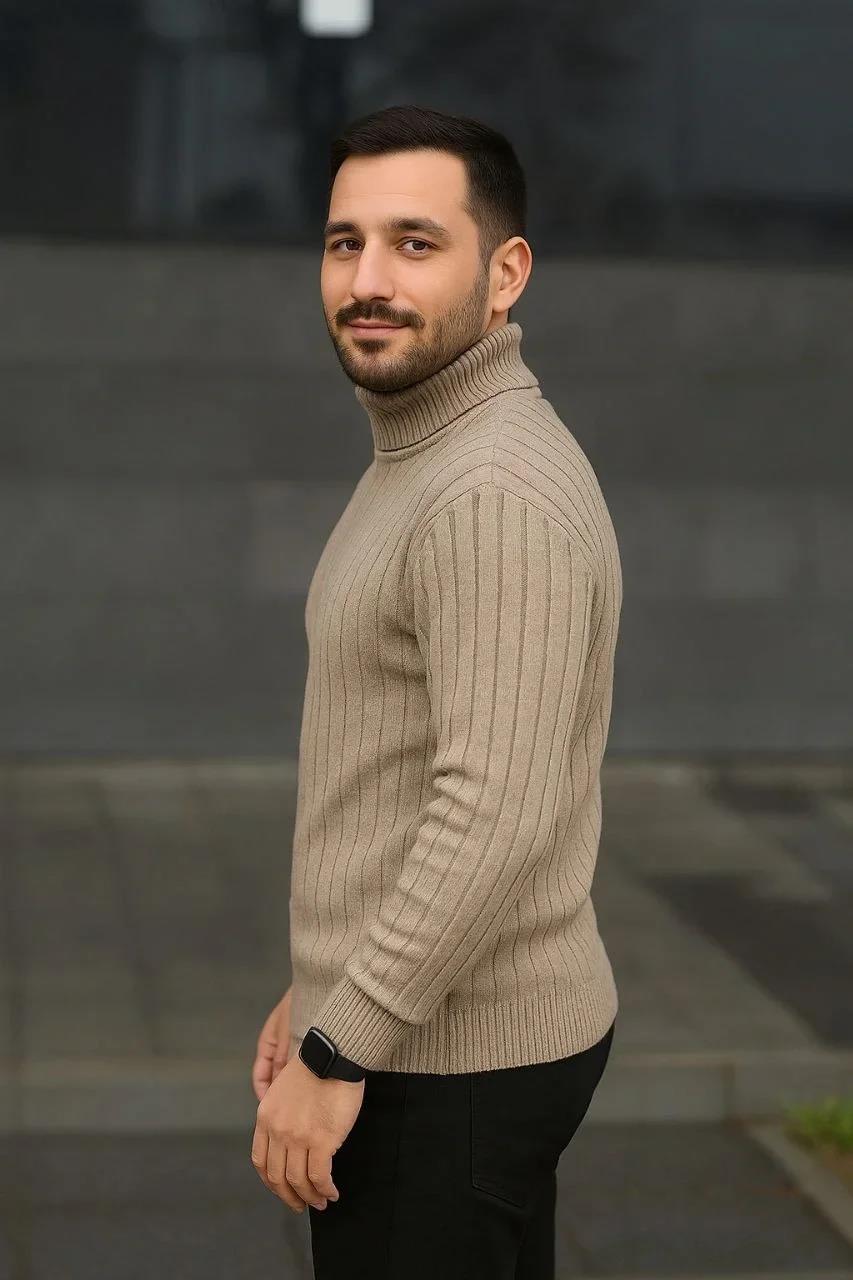 Erkek Fitilli Triko Kazak 2'li Set Bej Siyah Regular Balıkcı Yaka Tam Boğazlı Triko Seti Modeli Kazak