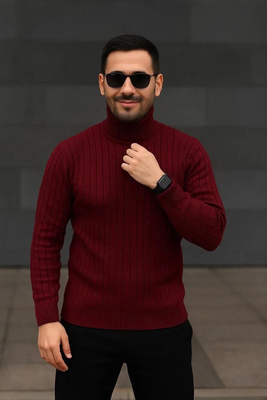 Erkek Fitilli Triko Kazak 2'li Set Bordo Siyah Regular Balıkcı Yaka Tam Boğazlı Triko Seti Modeli Kazak