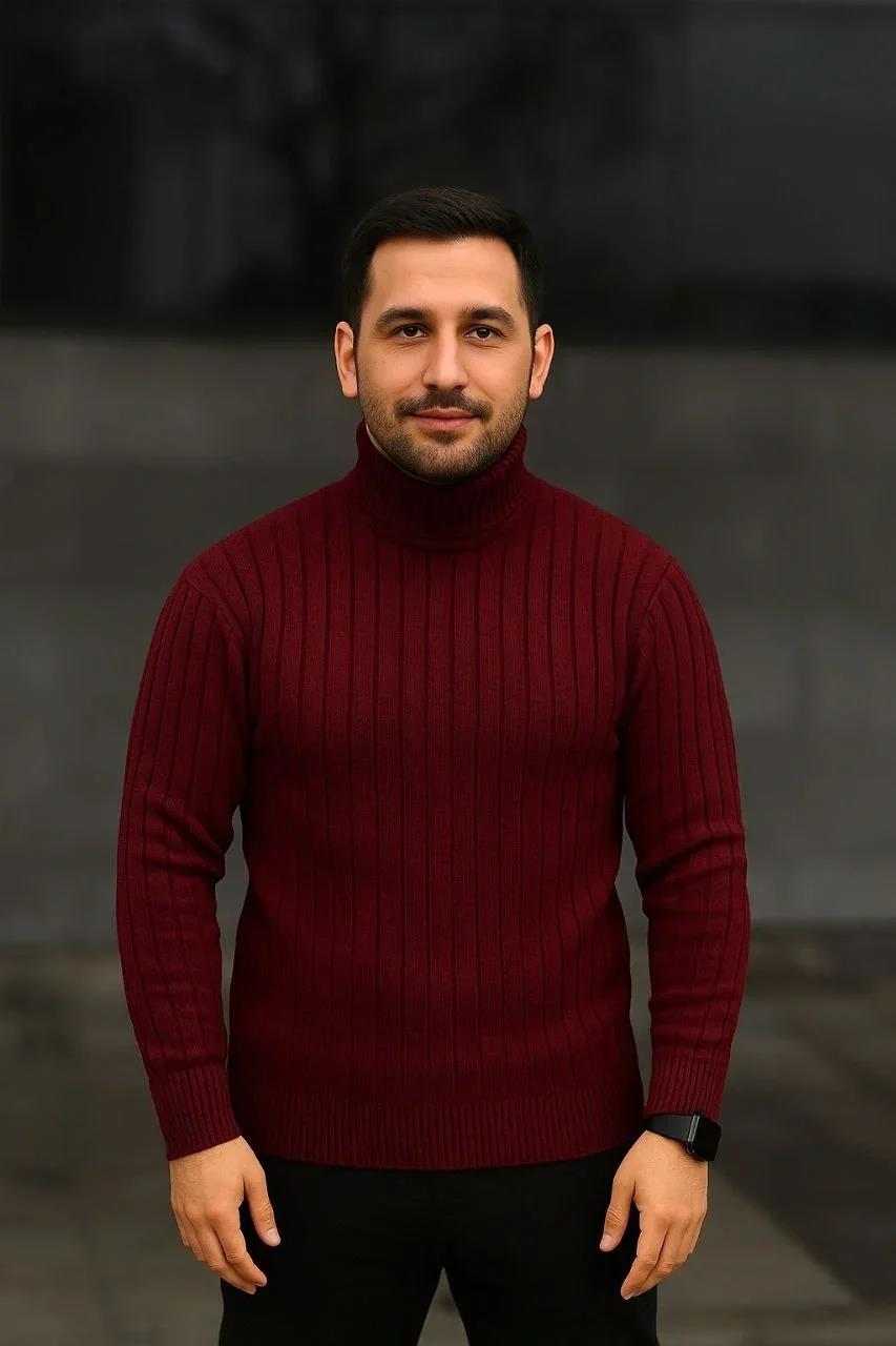 Erkek Fitilli Triko Kazak 2'li Set Bordo Siyah Regular Balıkcı Yaka Tam Boğazlı Triko Seti Modeli Kazak
