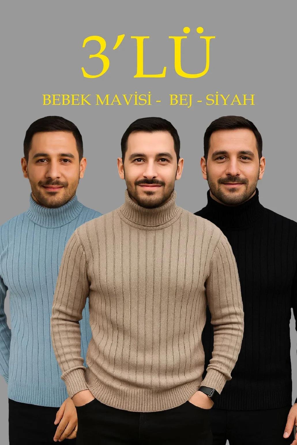Erkek Fitilli Triko Kazak 3'lÜ Set Bebek Mavisi Bej Siyah Regular Balıkcı Yaka Tam Boğazlı Triko Seti Modeli Kazak
