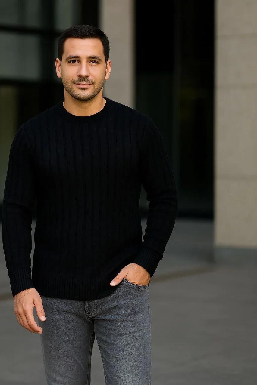 Erkek Fitilli Triko Kazak 3'lü Set Bej Gri Siyah Regular Fit Bisiklet Yaka Triko Seti Kazak Modeli