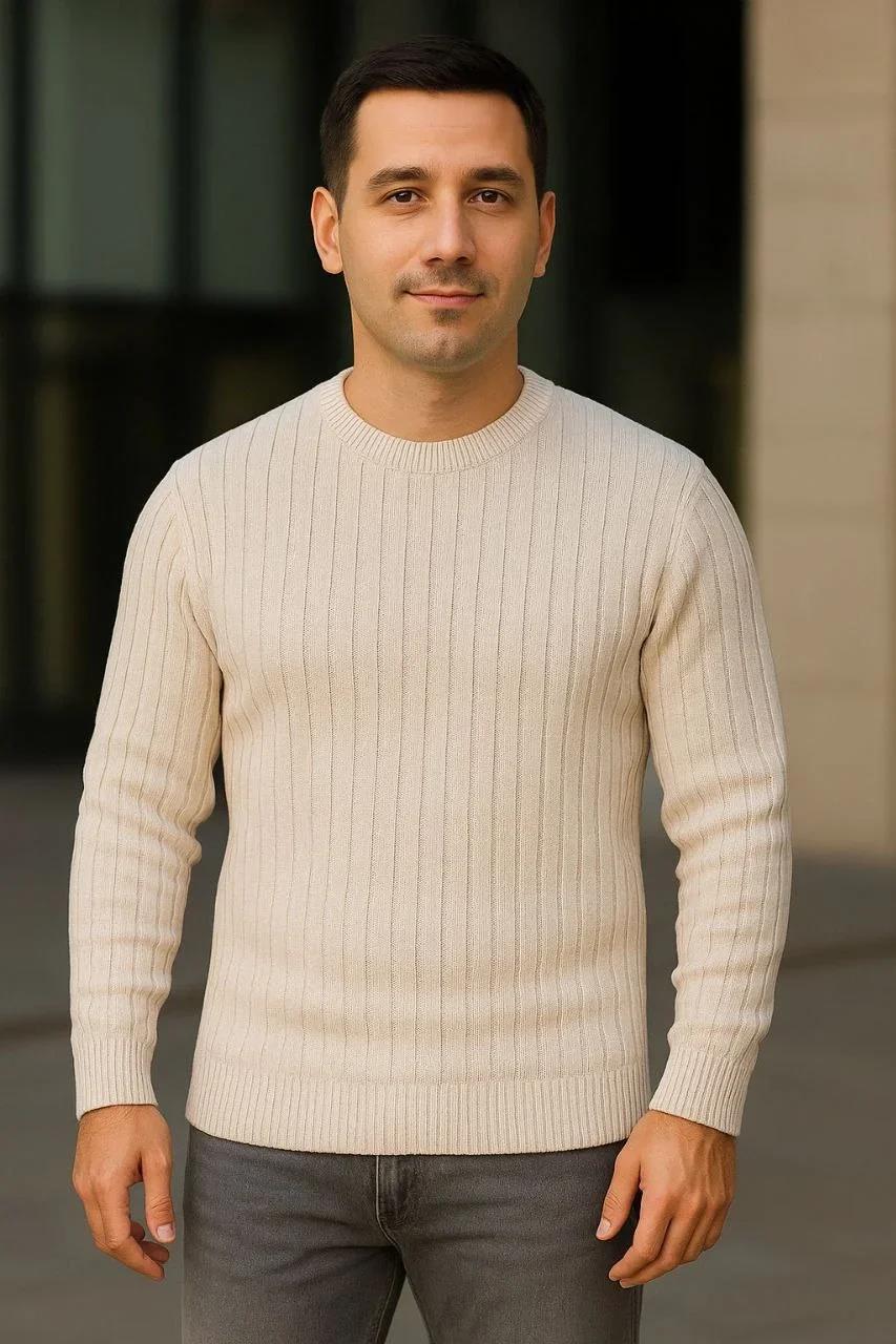 Erkek Fitilli Triko Kazak 3'lü Set Bej Gri Siyah Regular Fit Bisiklet Yaka Triko Seti Kazak Modeli