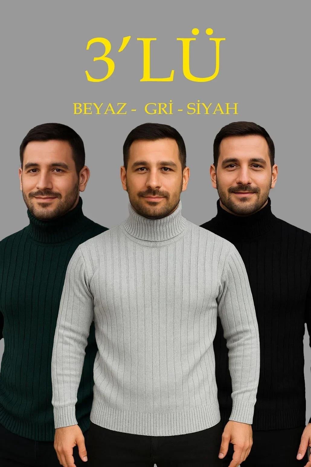 Erkek Fitilli Triko Kazak 3'lÜ Set Gri Haki Siyah Regular Balıkcı Yaka Tam Boğazlı Triko Seti Modeli Kazak
