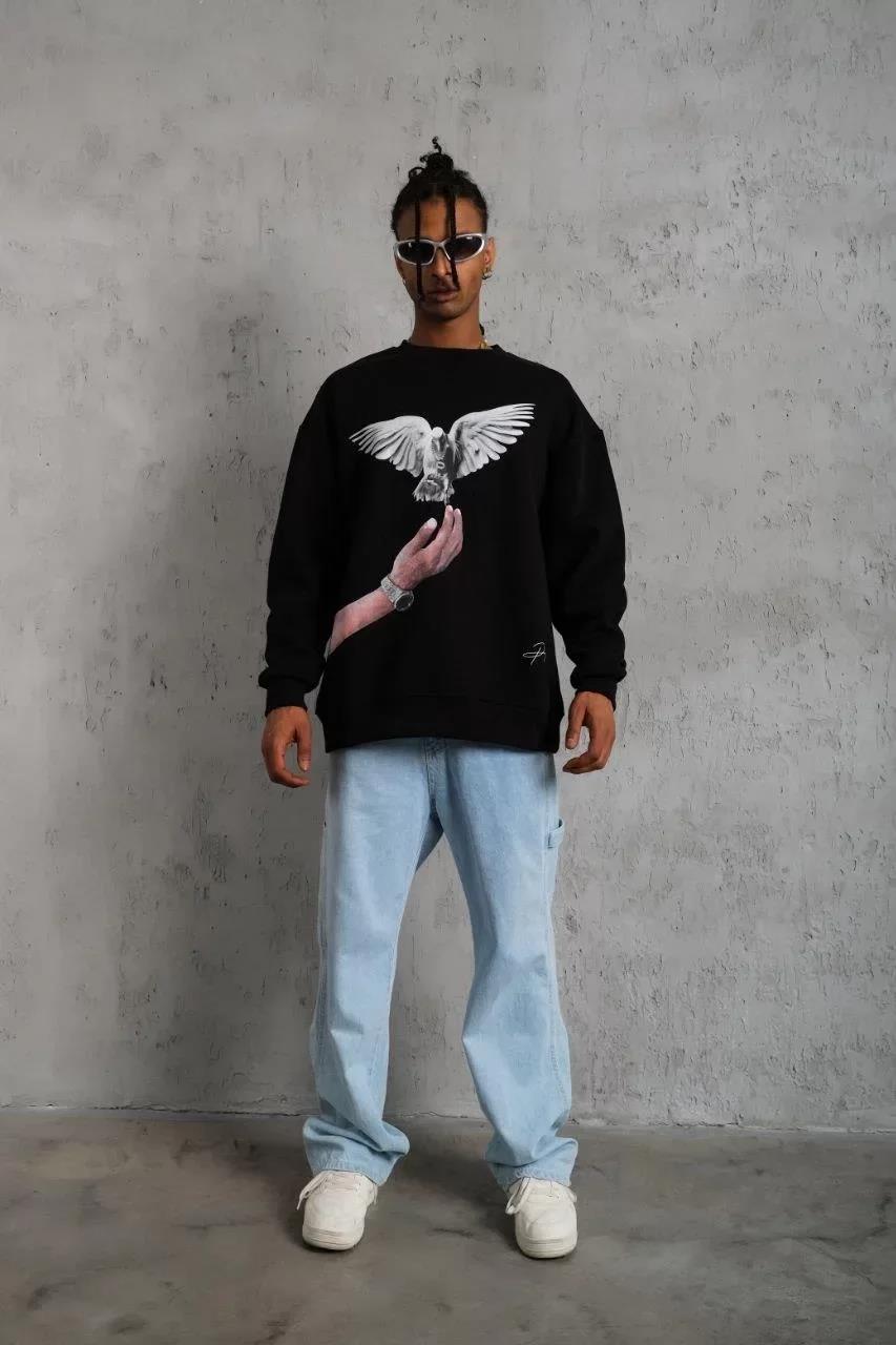 Erkek Güvercin Baskılı Sweatshirt - Siyah
