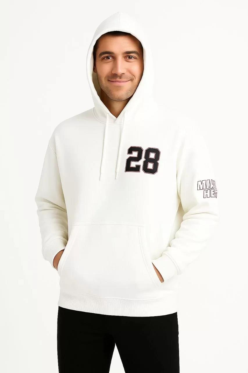 Erkek Kapşonlu Sweatshirt – Üç İplik Şardonlu Kumaş, Oversize Fit, Ön & Arka Baskılı, Kanguru Cepli, Kışlık Rahat Hoodie - Beyaz