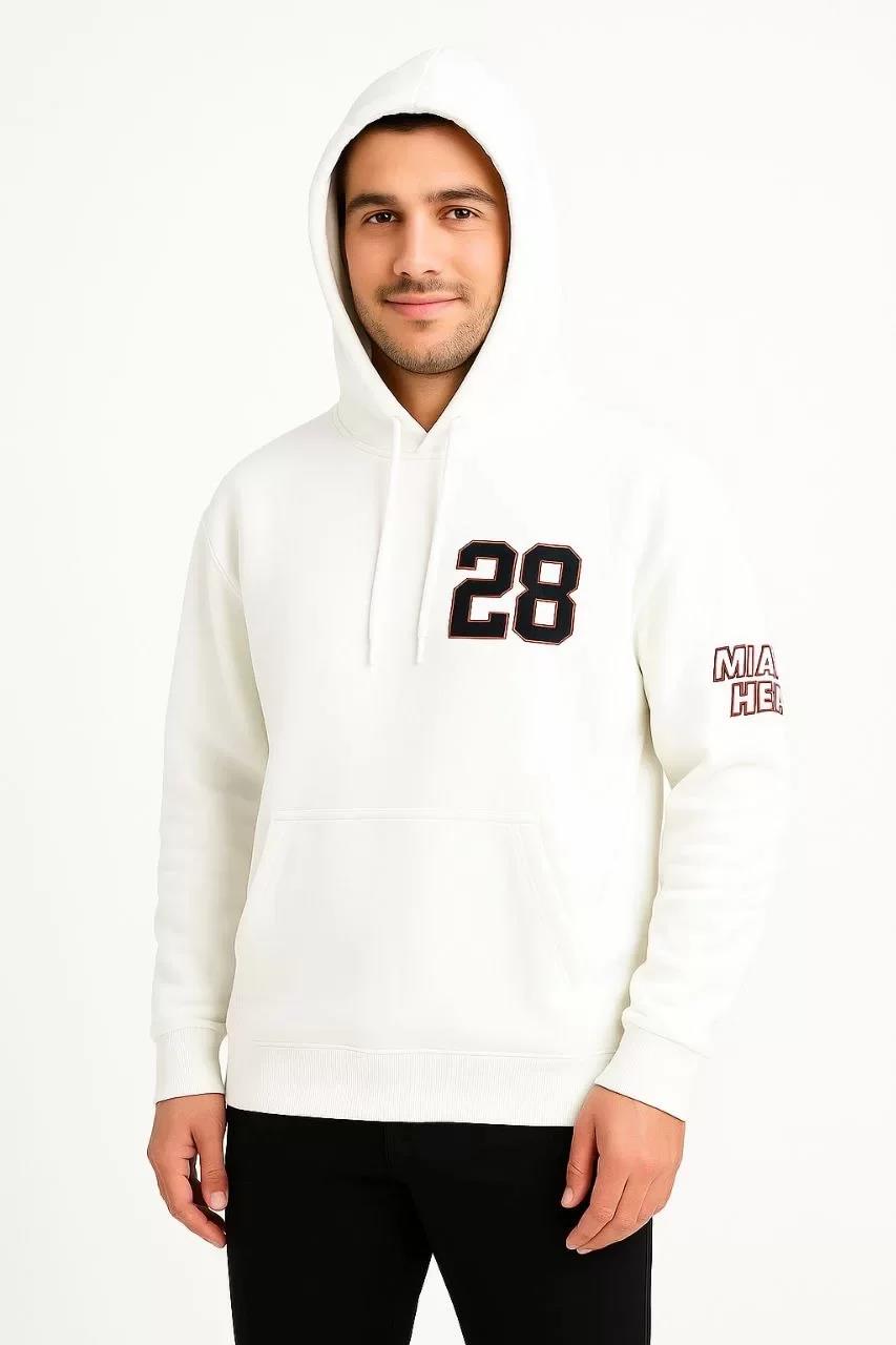 Erkek Kapşonlu Sweatshirt – Üç İplik Şardonlu Kumaş, Oversize Fit, Ön & Arka Baskılı, Kanguru Cepli, Kışlık Rahat Hoodie - Beyaz
