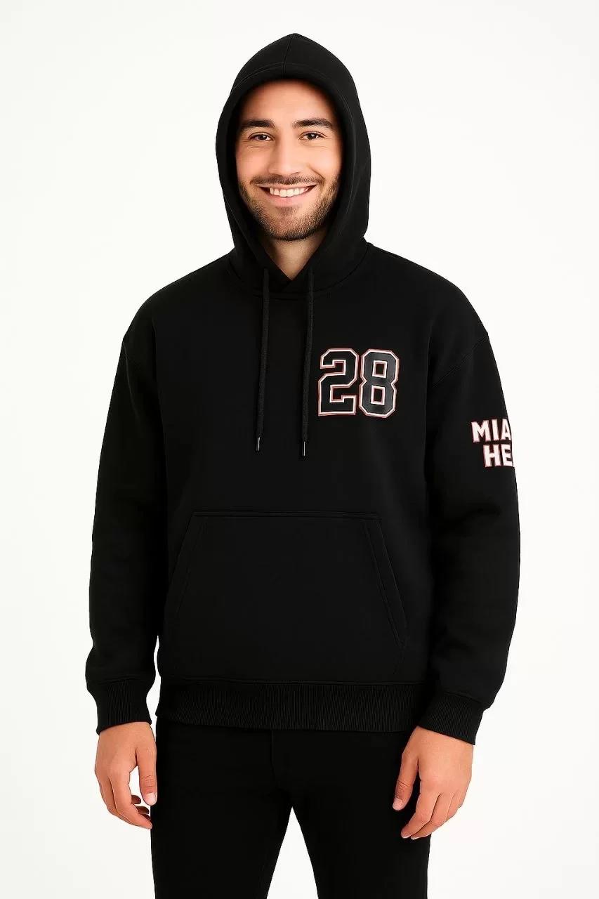 Erkek Kapşonlu Sweatshirt – Üç İplik Şardonlu Kumaş, Oversize Fit, Ön & Arka Baskılı, Kanguru Cepli, Kışlık Rahat Hoodie - Siyah