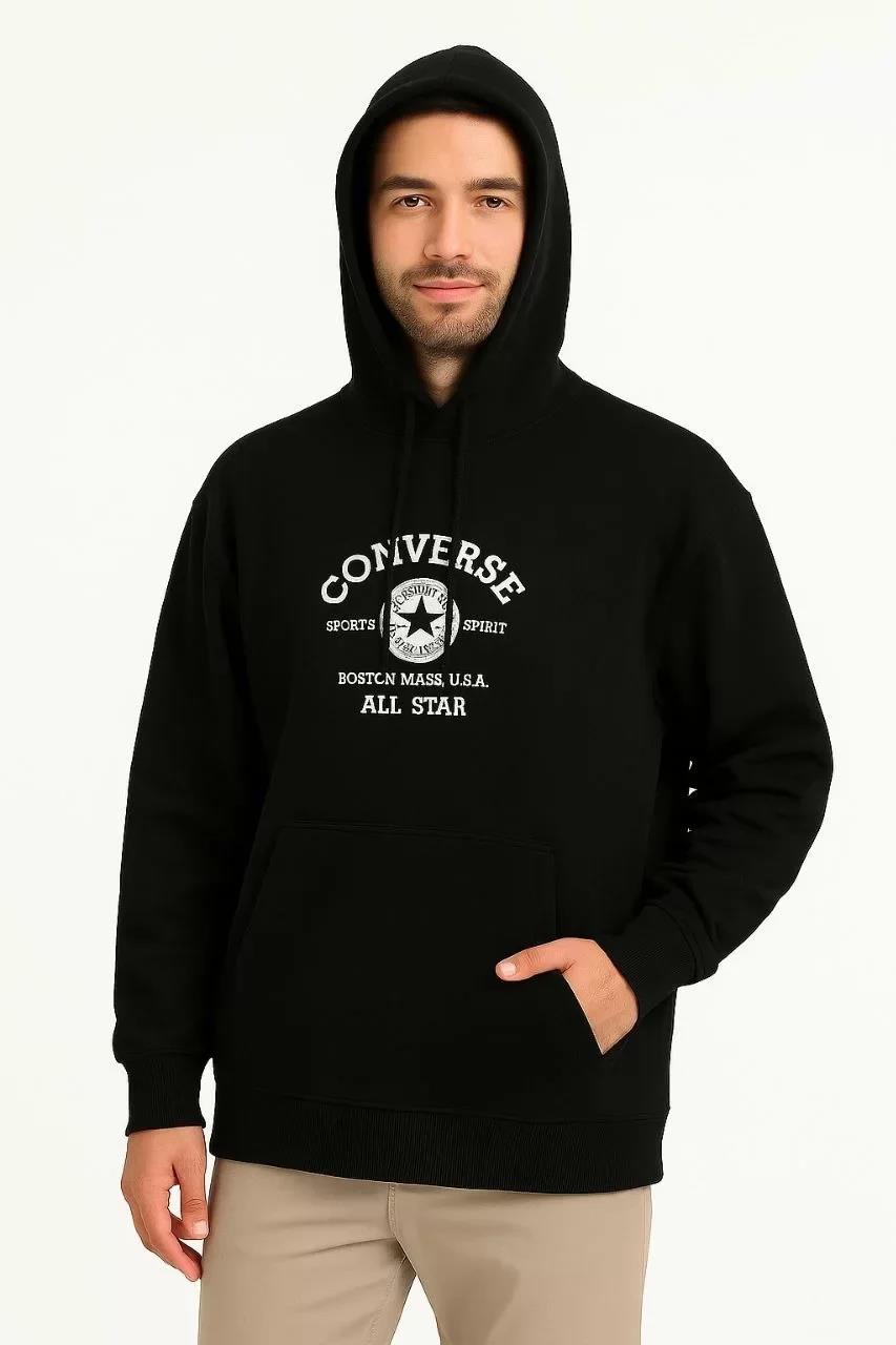 Erkek Kapşonlu Sweatshirt – Üç İplik Şardonlu Kumaş, Oversize Fit, Ön & Arka Baskılı, Kanguru Cepli, Kışlık Rahat Hoodie- Siyah