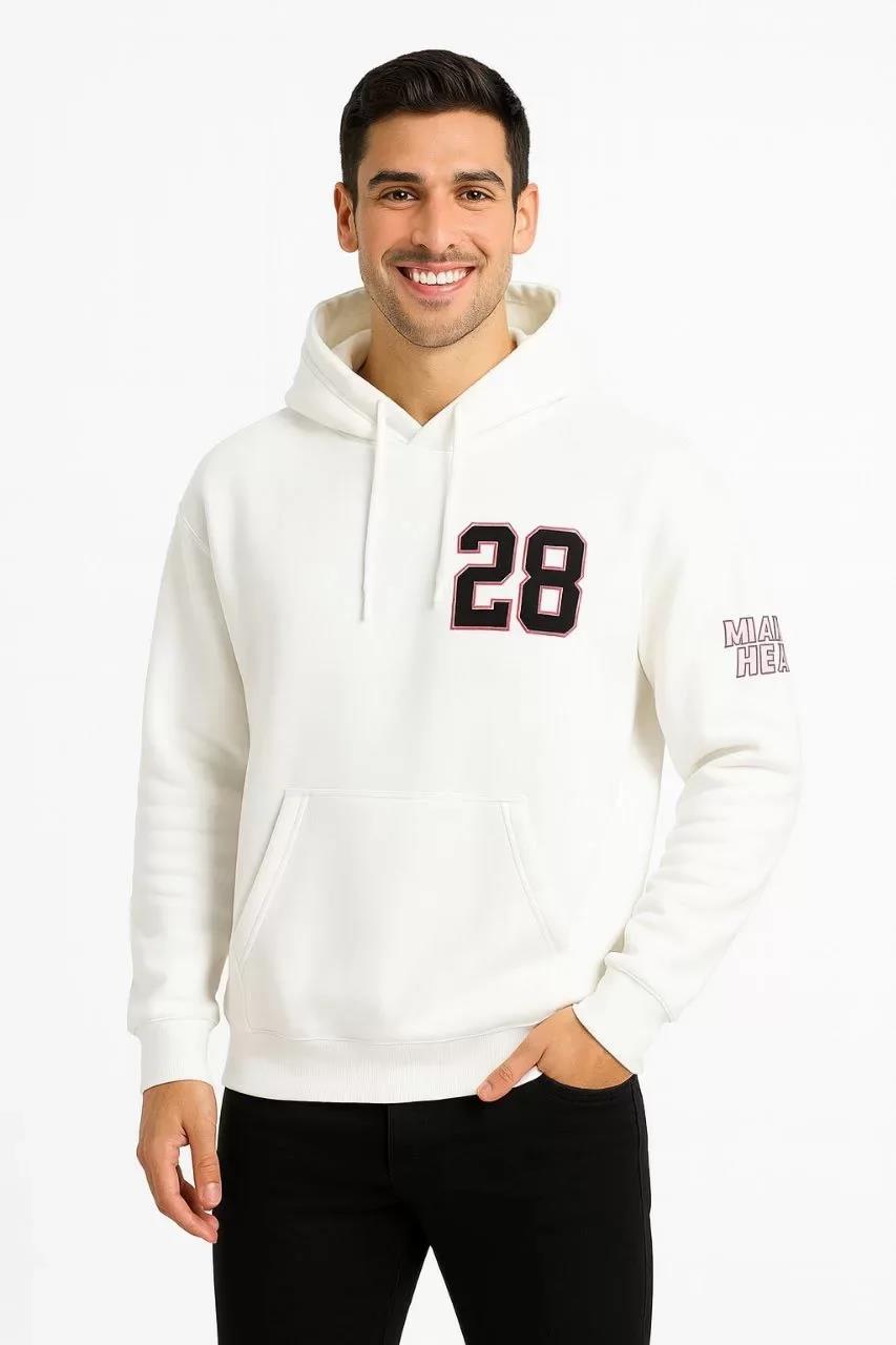 Erkek Kapşonlu Sweatshirt – Üç İplik Şardonlu Kumaş, Oversize Fit, Ön & Arka Baskılı, Kanguru Cepli, Kışlık Rahat Hoodie - Beyaz