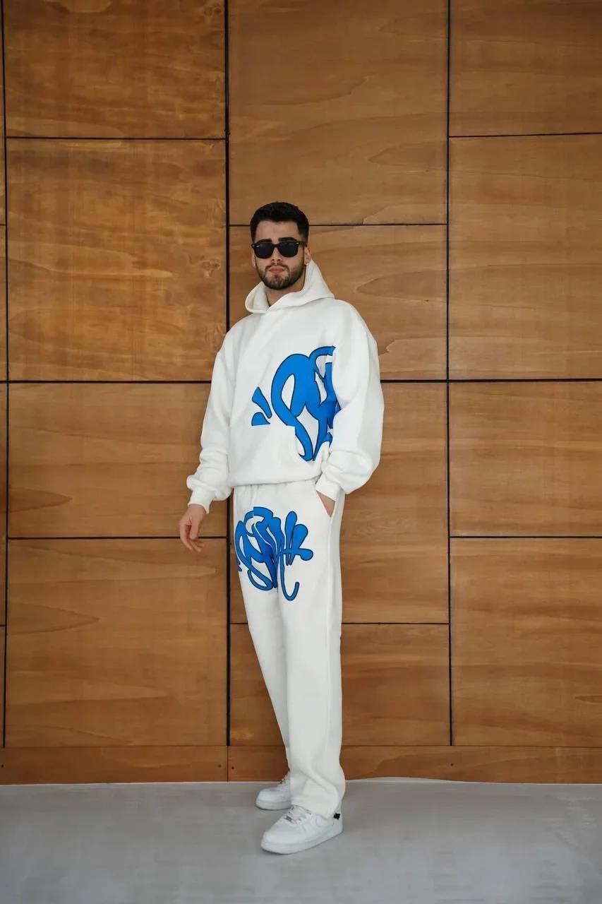 Erkek Kapüşonlu Eşofman Takım Graffiti Baskılı  Oversize Rahat Kalıp, Kanguru Cepli, Streetwear Tarzında Premium Ürün 3 iplik Pamuklu - Beyaz