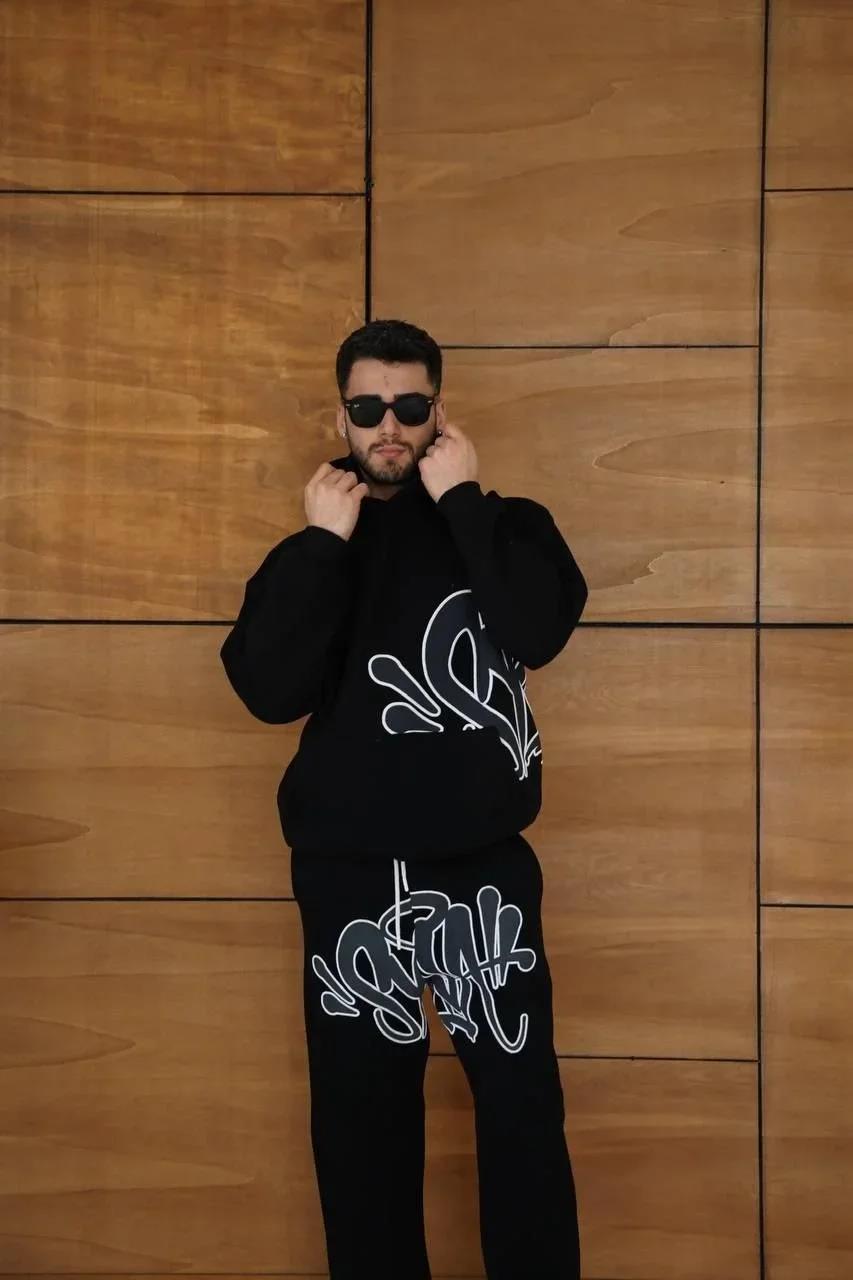 Erkek Kapüşonlu Eşofman Takım Graffiti Baskılı Oversize Rahat Kalıp, Kanguru Cepli, Streetwear Tarzında Premium Ürün 3 iplik Pamuklu - Siyah