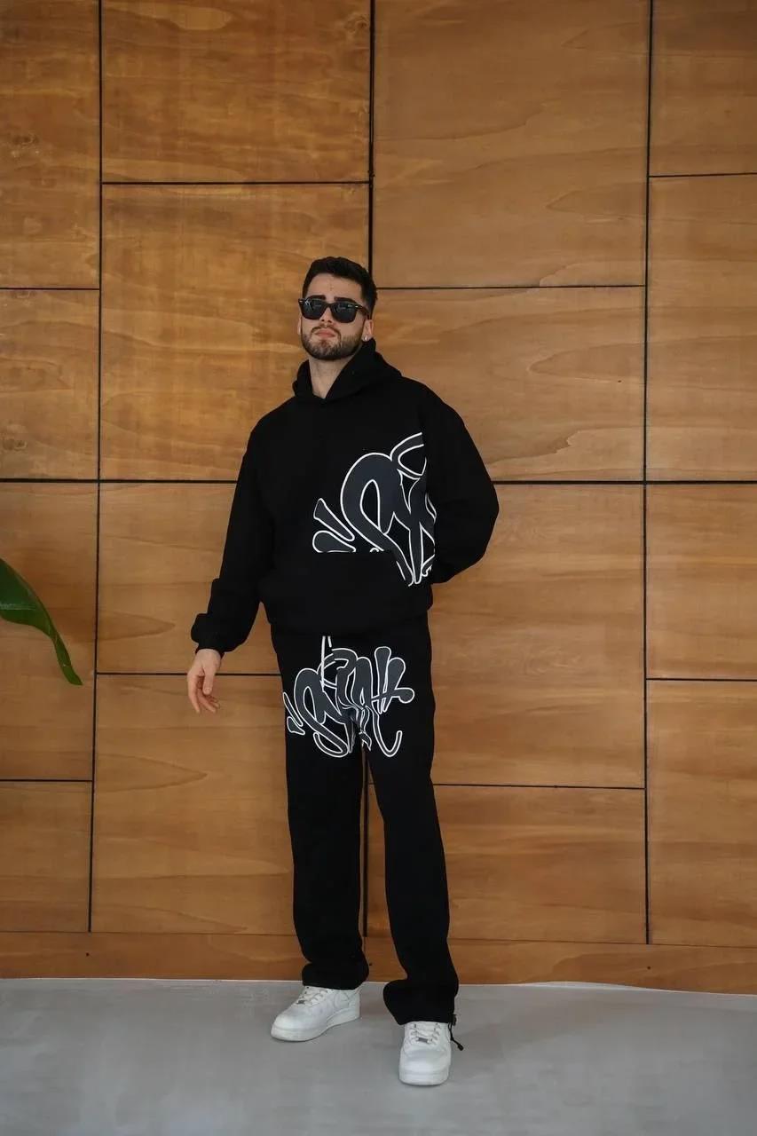Erkek Kapüşonlu Eşofman Takım Graffiti Baskılı Oversize Rahat Kalıp, Kanguru Cepli, Streetwear Tarzında Premium Ürün 3 iplik Pamuklu - Siyah