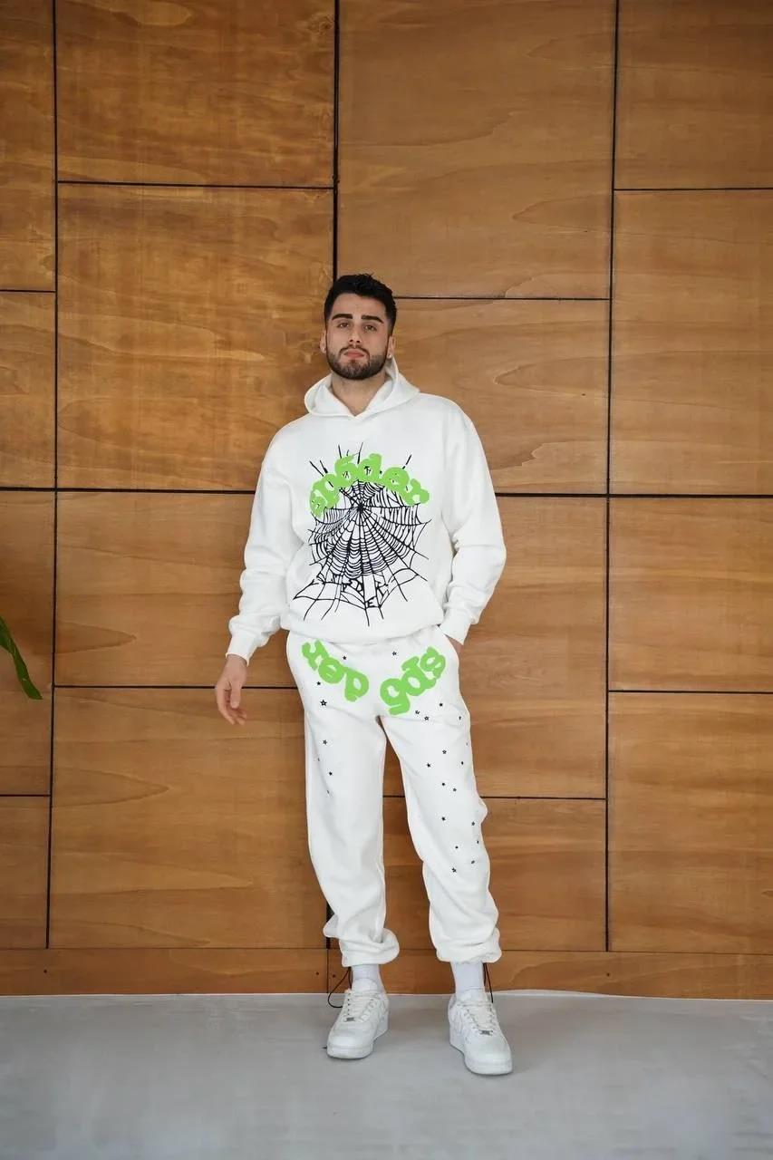 Erkek Kapüşonlu Eşofman Takım Örümcek Ağı ve Neon Yeşil Baskılı Kanguru cepli Oversize Rahat Kalıp, Premium Üç İplik Kumaş - Beyaz