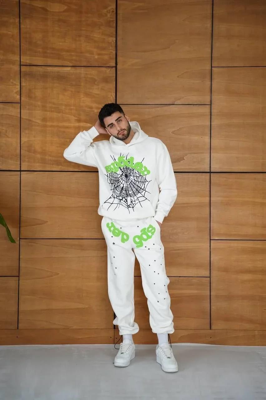 Erkek Kapüşonlu Eşofman Takım Örümcek Ağı ve Neon Yeşil Baskılı Kanguru cepli Oversize Rahat Kalıp, Premium Üç İplik Kumaş - Beyaz