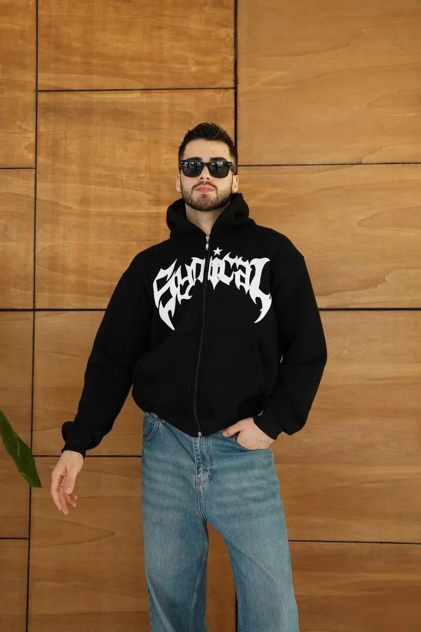 Erkek Kapüşonlu Sweatshirt  Hoodie 3 İplik Şardonlu Pamuklu Kumaş, Önü Baskılı, Fermuarlı Rahat Kalıp, Kışlık ve Sokak Stili Sweat - Siyah