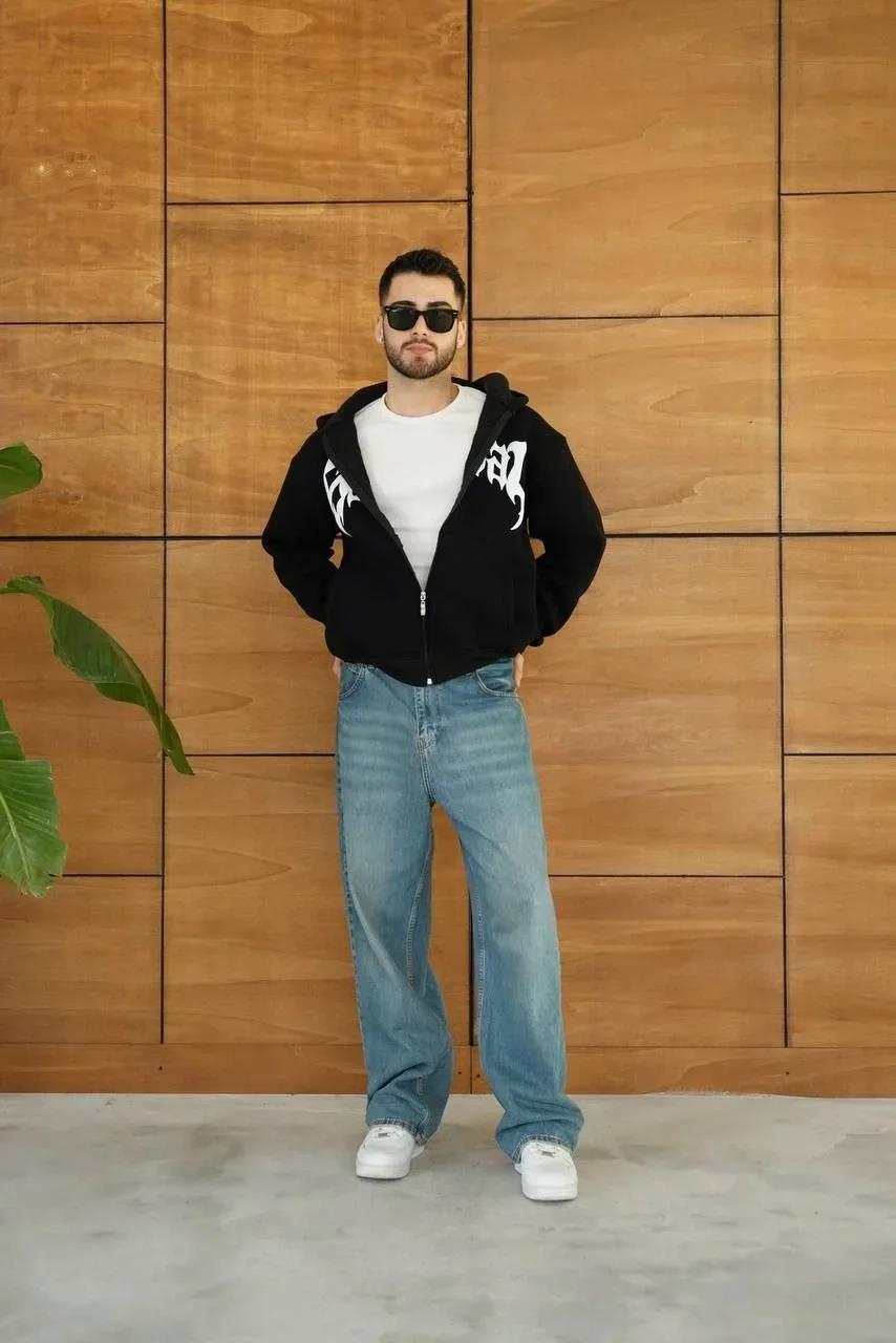 Erkek Kapüşonlu Sweatshirt  Hoodie 3 İplik Şardonlu Pamuklu Kumaş, Önü Baskılı, Fermuarlı Rahat Kalıp, Kışlık ve Sokak Stili Sweat - Siyah