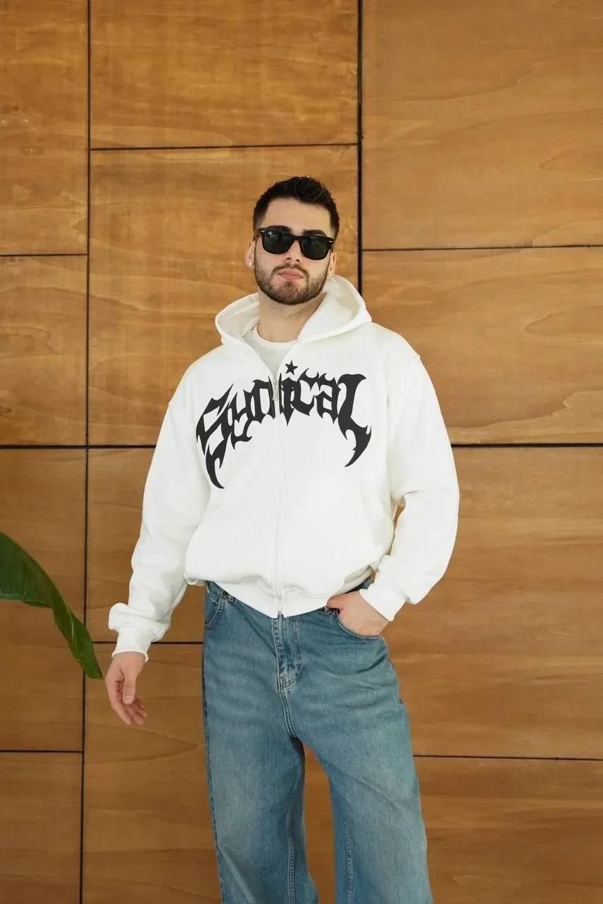 Erkek Kapüşonlu Sweatshirt Hoodie 3 İplik Şardonlu Pamuklu Kumaş, Önü Baskılı, Fermuarlı Rahat Kalıp, Kışlık ve Sokak Stili Sweat - Beyaz