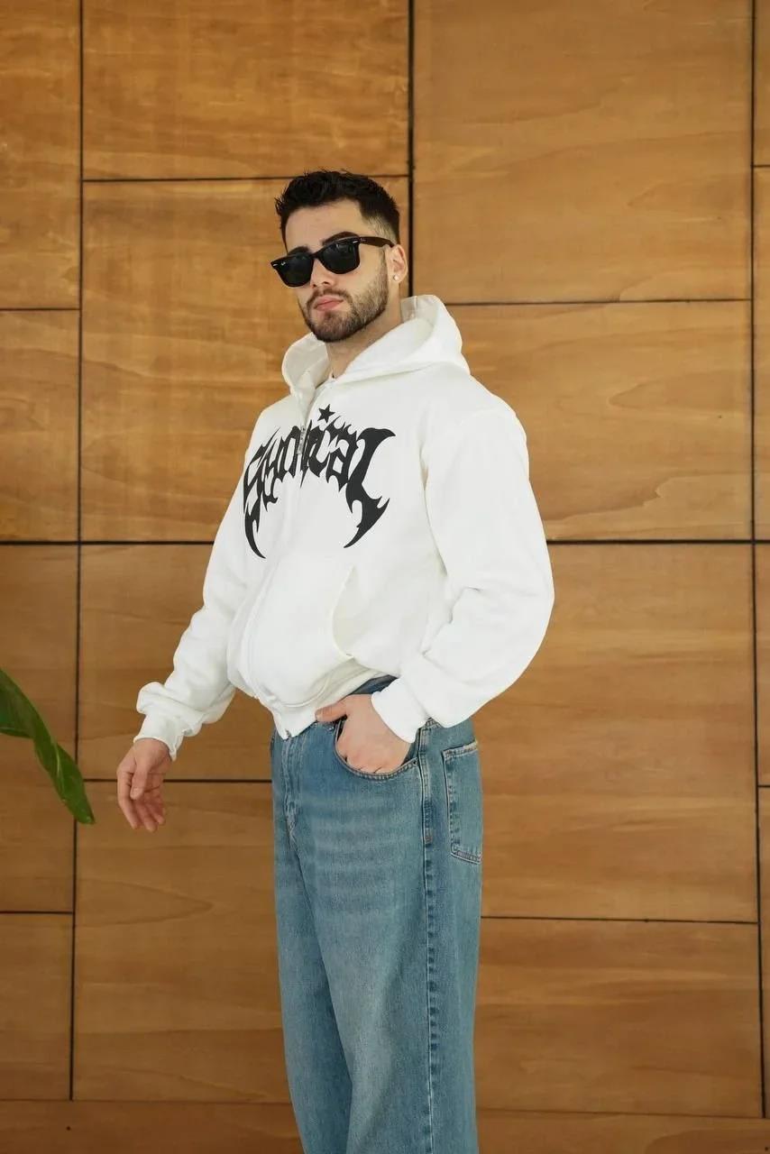 Erkek Kapüşonlu Sweatshirt Hoodie 3 İplik Şardonlu Pamuklu Kumaş, Önü Baskılı, Fermuarlı Rahat Kalıp, Kışlık ve Sokak Stili Sweat - Beyaz