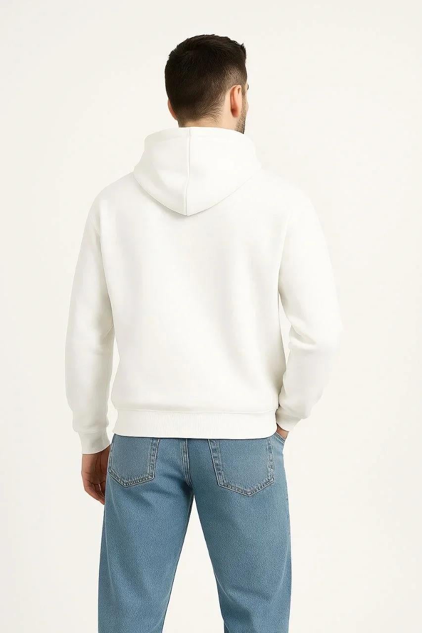Erkek Kapüşonlu Sweatshirt Hoodie 3 İplik Şardonlu Pamuklu Kumaş, Önü Baskılı, Fermuarlı Rahat Kalıp, Kışlık ve Sokak Stili Sweat - Beyaz