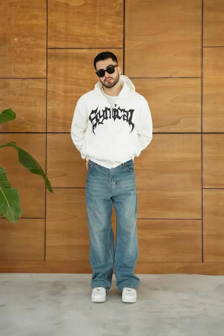 Erkek Kapüşonlu Sweatshirt Hoodie 3 İplik Şardonlu Pamuklu Kumaş, Önü Baskılı, Fermuarlı Rahat Kalıp, Kışlık ve Sokak Stili Sweat - Beyaz
