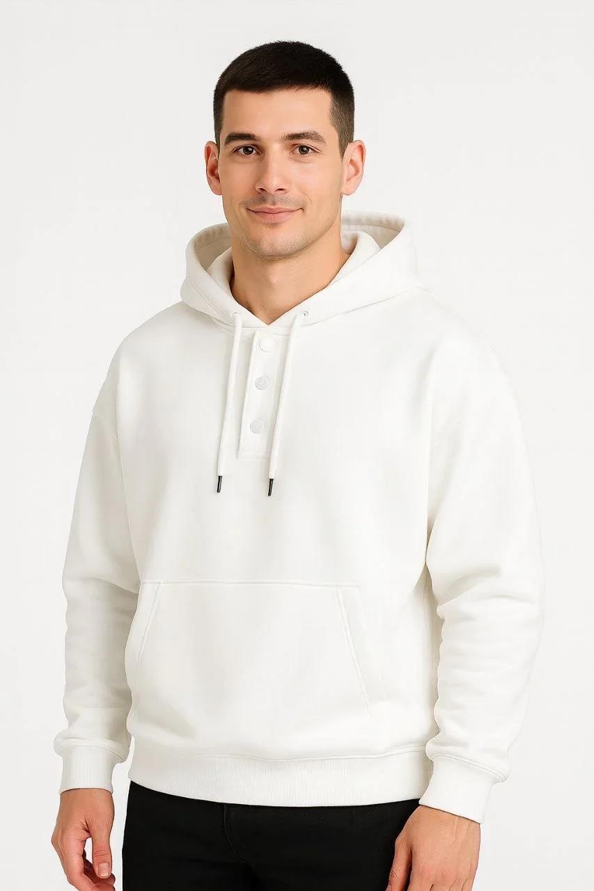 Erkek Ovarsize Kapüşonlu Swetshirt Kanguru Çepli Cıtcıtlı 3 iplik Şardonlu Hoodie - Beyaz