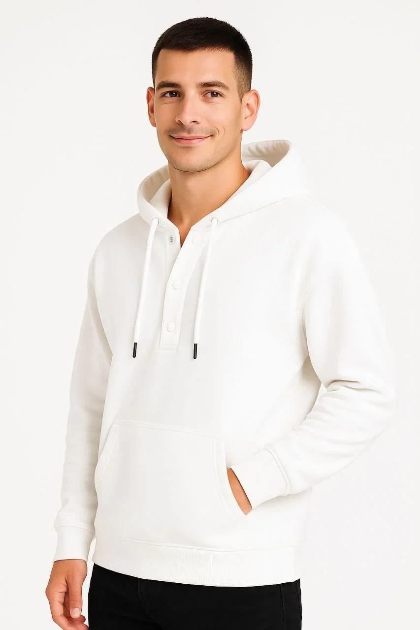 Erkek Ovarsize Kapüşonlu Swetshirt Kanguru Çepli Cıtcıtlı 3 iplik Şardonlu Hoodie - Beyaz