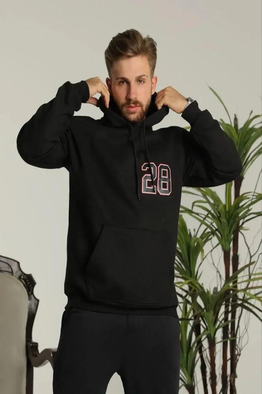 Erkek Oversize Üç İplik Kapüşonlu Sweatshirt –Sırt ve Ön Baskılı, Kanguru Cepli, Rahat Kalıp Maskot Desenli Model - Siyah