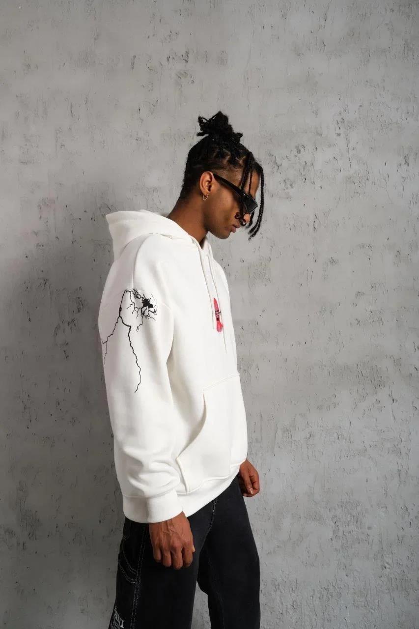 Erkek Oversize Üç İplik Kapüşonlu Sweatshirt – “Don’t Be Terrified” Ön, Sırt ve Kol Baskılı, Kanguru Cepli, Ribanalı Rahat Model - Beyaz