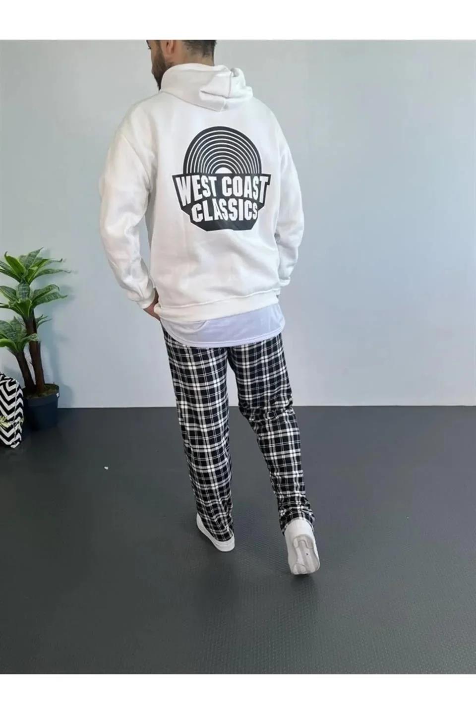 Erkek Oversize Üç İplik Kapüşonlu Sweatshirt – Beyaz Ön Baskılı, Kanguru Cepli, Rahat Kalıp, İçi Pamuklu Model