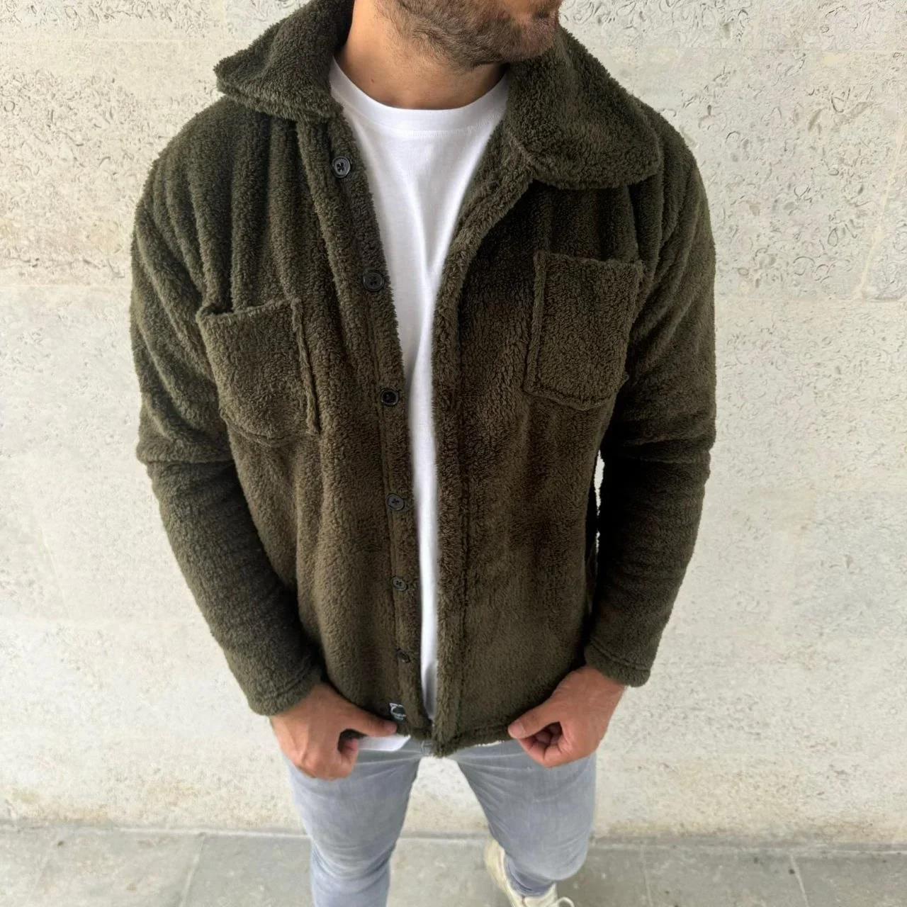 Erkek Pelüş Polar Hırka Gömlek – Yakalı, İlik Düğmeli, Göğüs Cepli, Yumuşak Dokulu Kışlık Regular Fit Rahat Günlük Model - Haki