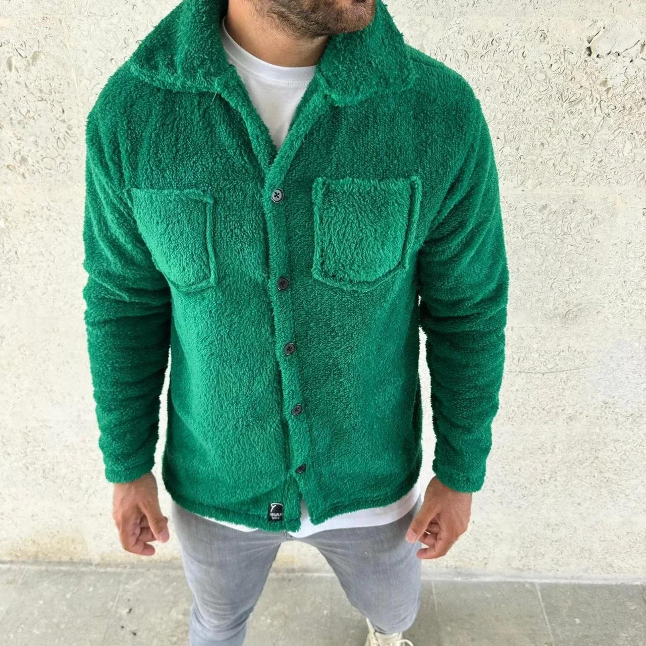 Erkek Pelüş Polar Hırka Gömlek – Yakalı, İlik Düğmeli, Göğüs Cepli, Yumuşak Dokulu Kışlık Regular Fit Rahat Günlük Model - Çimen Yeşili