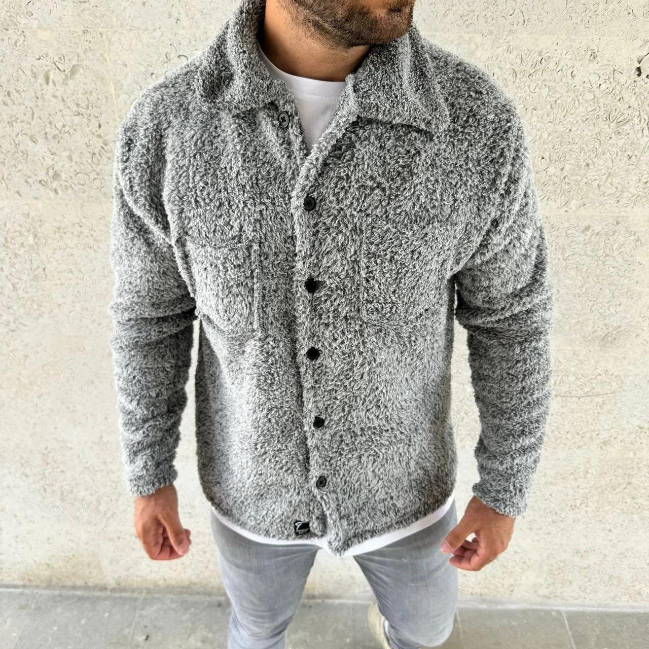 Erkek Pelüş Polar Hırka Gömlek – Yakalı, İlik Düğmeli, Göğüs Cepli, Yumuşak Dokulu Kışlık Regular Fit Rahat Günlük Model - Gri