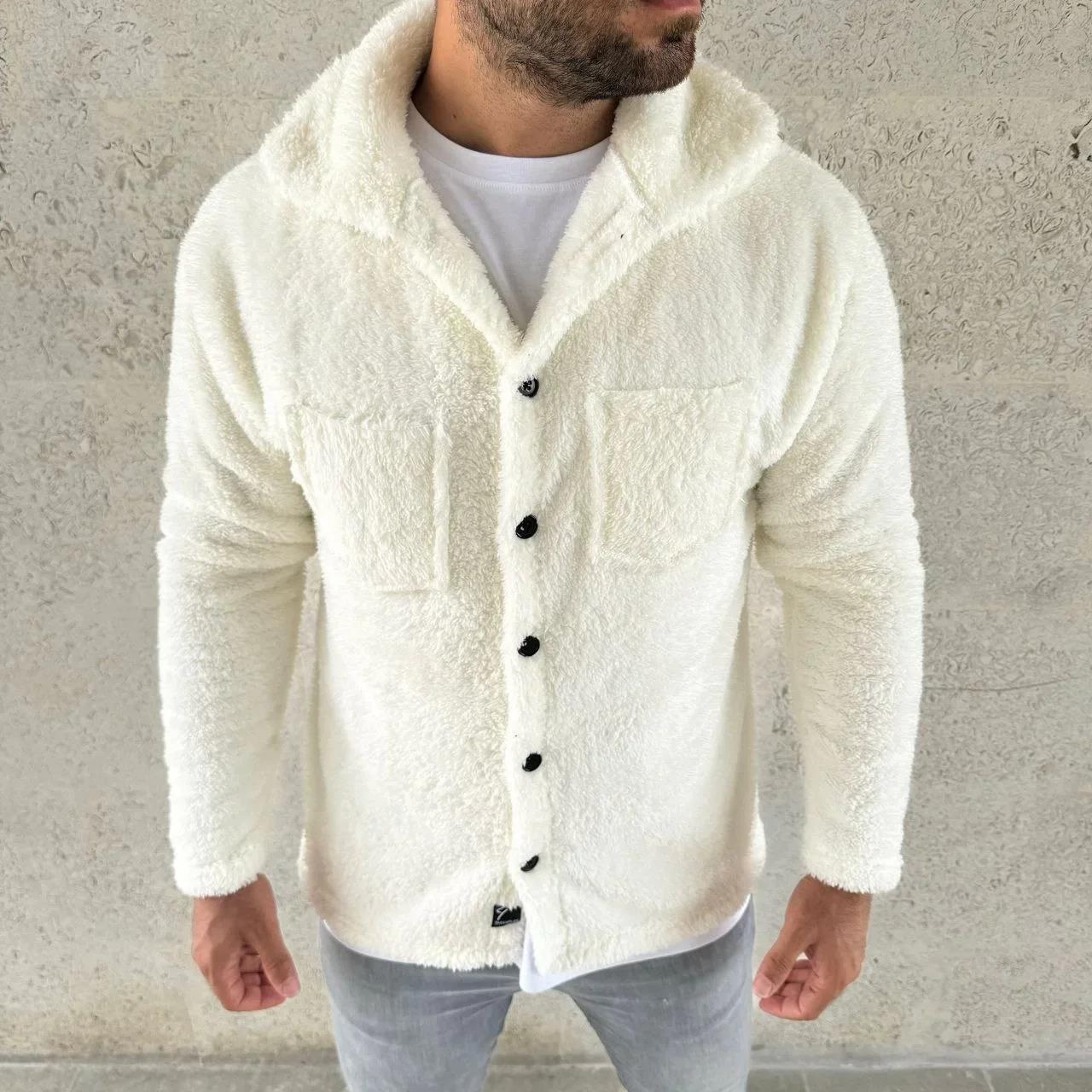 Erkek Pelüş Polar Hırka Gömlek – Yakalı, İlik Düğmeli, Göğüs Cepli, Yumuşak Dokulu Kışlık Regular Fit Rahat Günlük Model - Beyaz