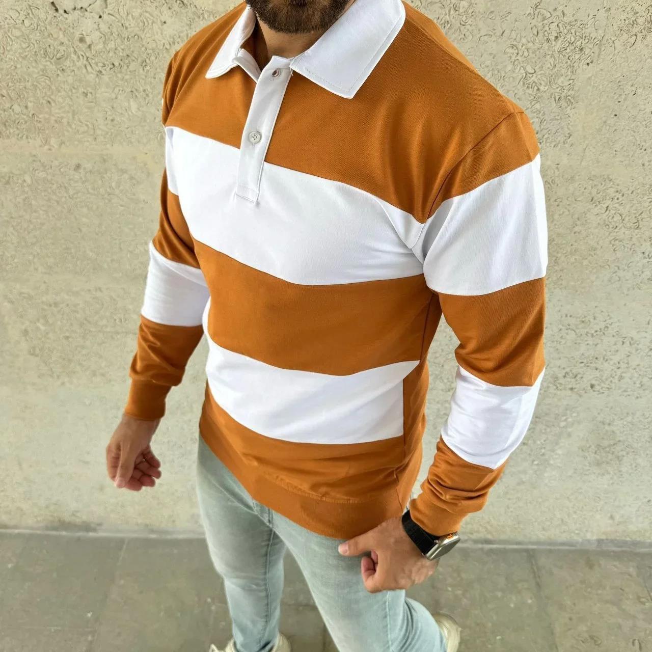 Erkek Polo Yaka Uzun Kollu Çizgili Sweatshirt Trend Rugby Stil - Turuncu