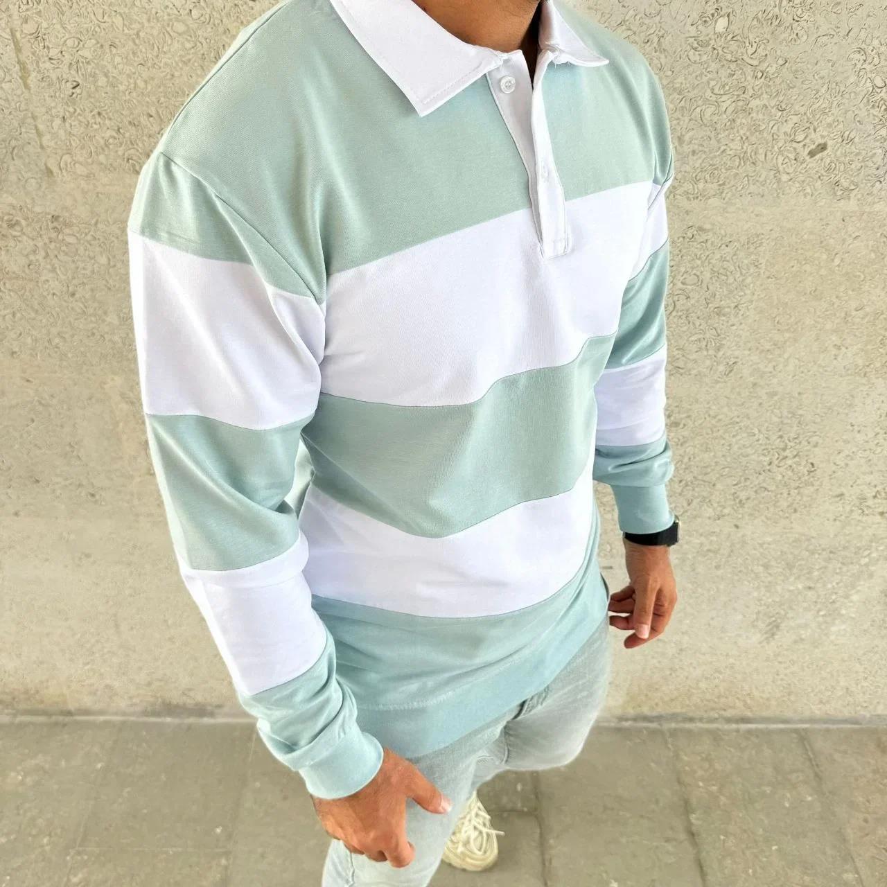 Erkek Polo Yaka Uzun Kollu Çizgili Sweatshirt Trend Rugby Stil - Çağla Yeşili
