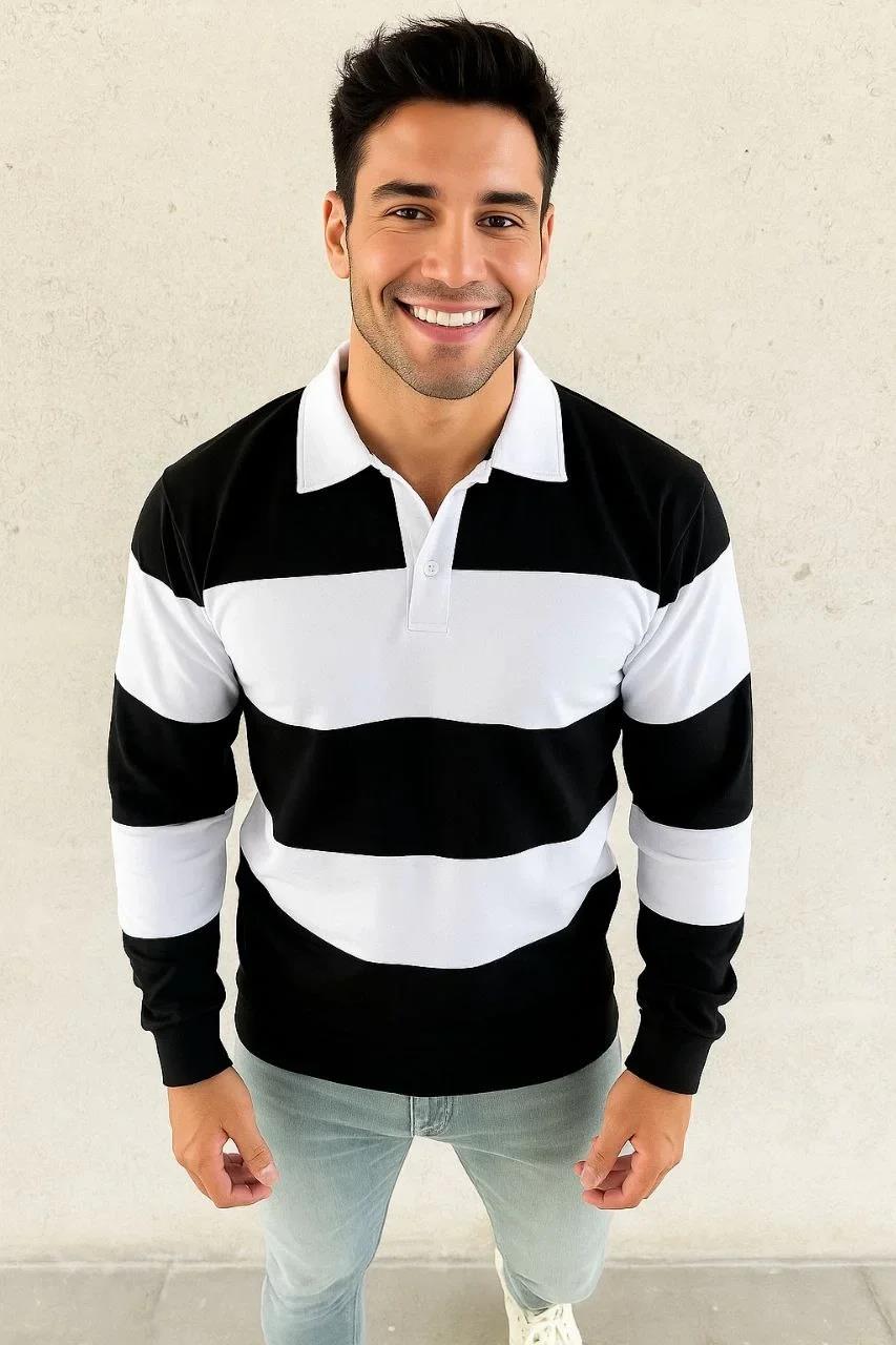 Erkek Polo Yaka Uzun Kollu Çizgili Sweatshirt Trend Rugby Stil - Siyah
