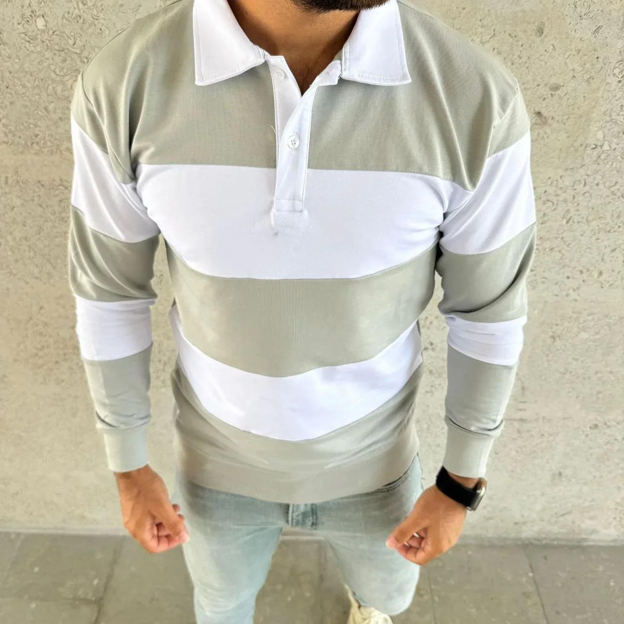 Erkek Polo Yaka Uzun Kollu Çizgili Sweatshirt Trend Rugby Stil - Mint Yeşili