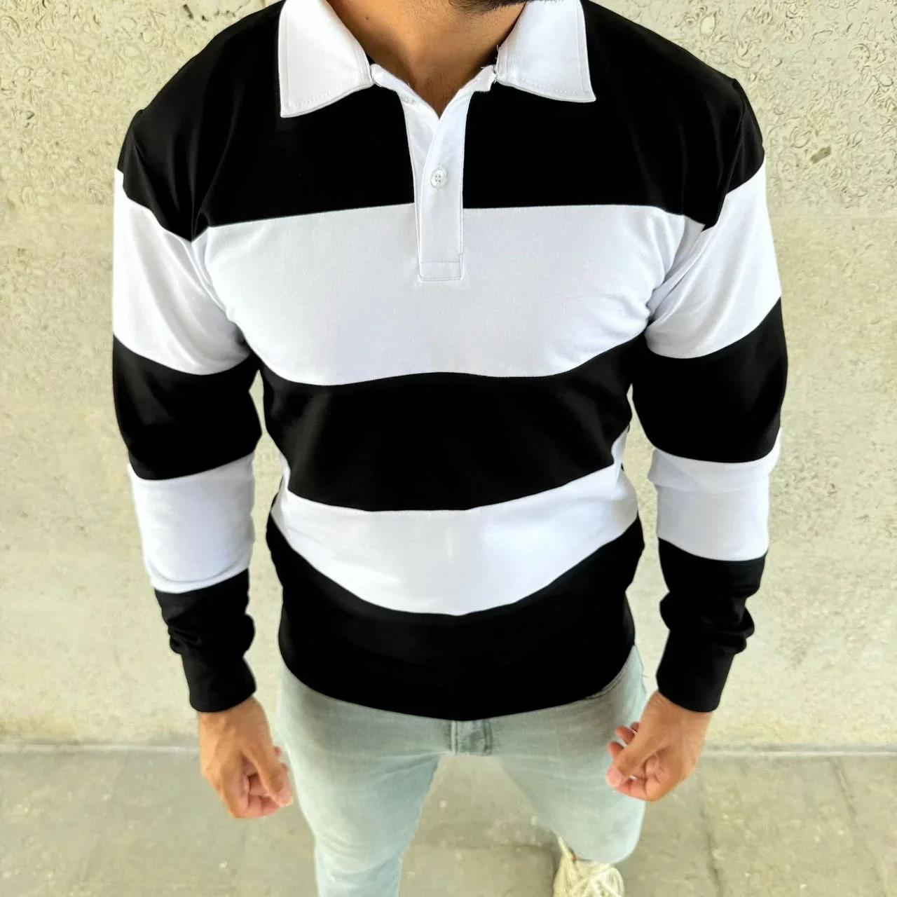 Erkek Polo Yaka Uzun Kollu Çizgili Sweatshirt Trend Rugby Stil - Siyah