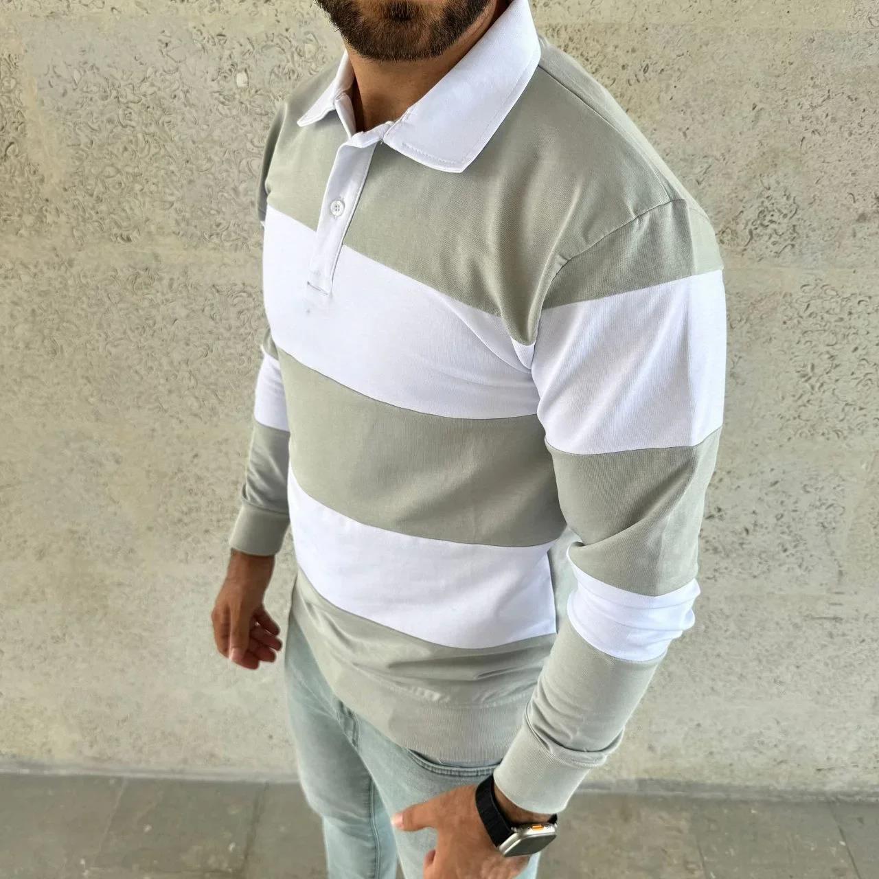 Erkek Polo Yaka Uzun Kollu Çizgili Sweatshirt Trend Rugby Stil - Mint Yeşili