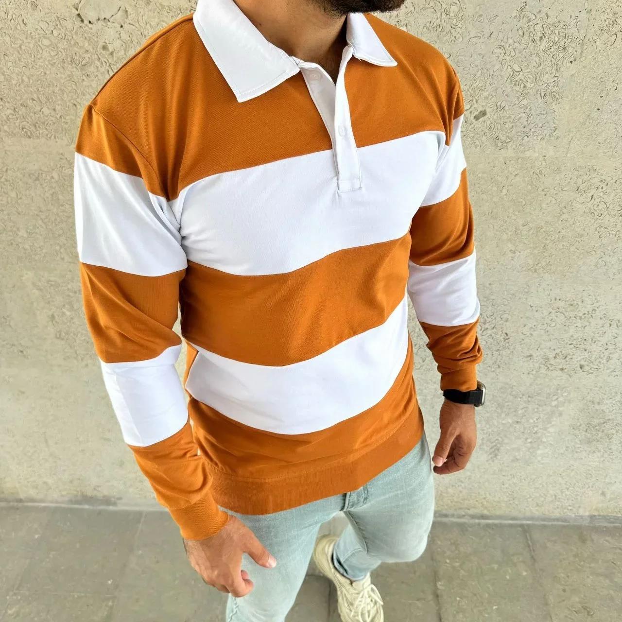 Erkek Polo Yaka Uzun Kollu Çizgili Sweatshirt Trend Rugby Stil - Turuncu
