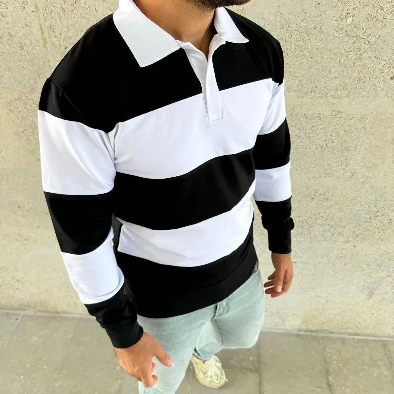 Erkek Polo Yaka Uzun Kollu Çizgili Sweatshirt Trend Rugby Stil - Siyah