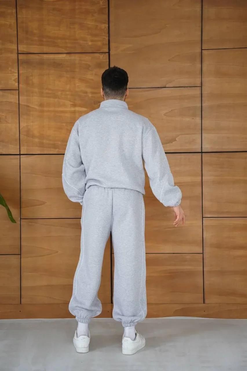 Erkek Premium Parçalı Eşofman Takım - Dik Yaka Fermuarlı Biyeli Sweatshirt Lastik Paça Alt, Oversize 3 iplik Şardonlu - Gri