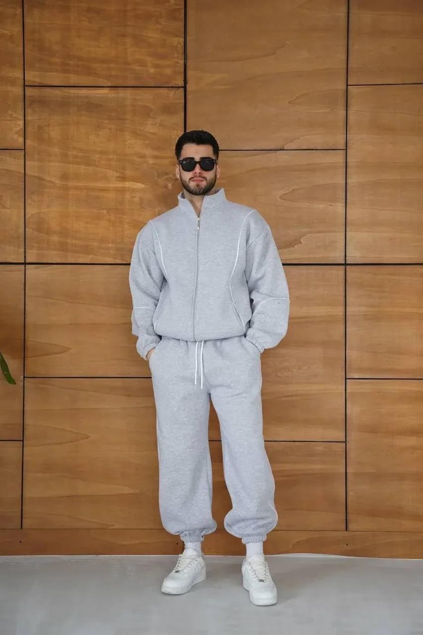 Erkek Premium Parçalı Eşofman Takım - Dik Yaka Fermuarlı Biyeli Sweatshirt Lastik Paça Alt, Oversize 3 iplik Şardonlu - Gri