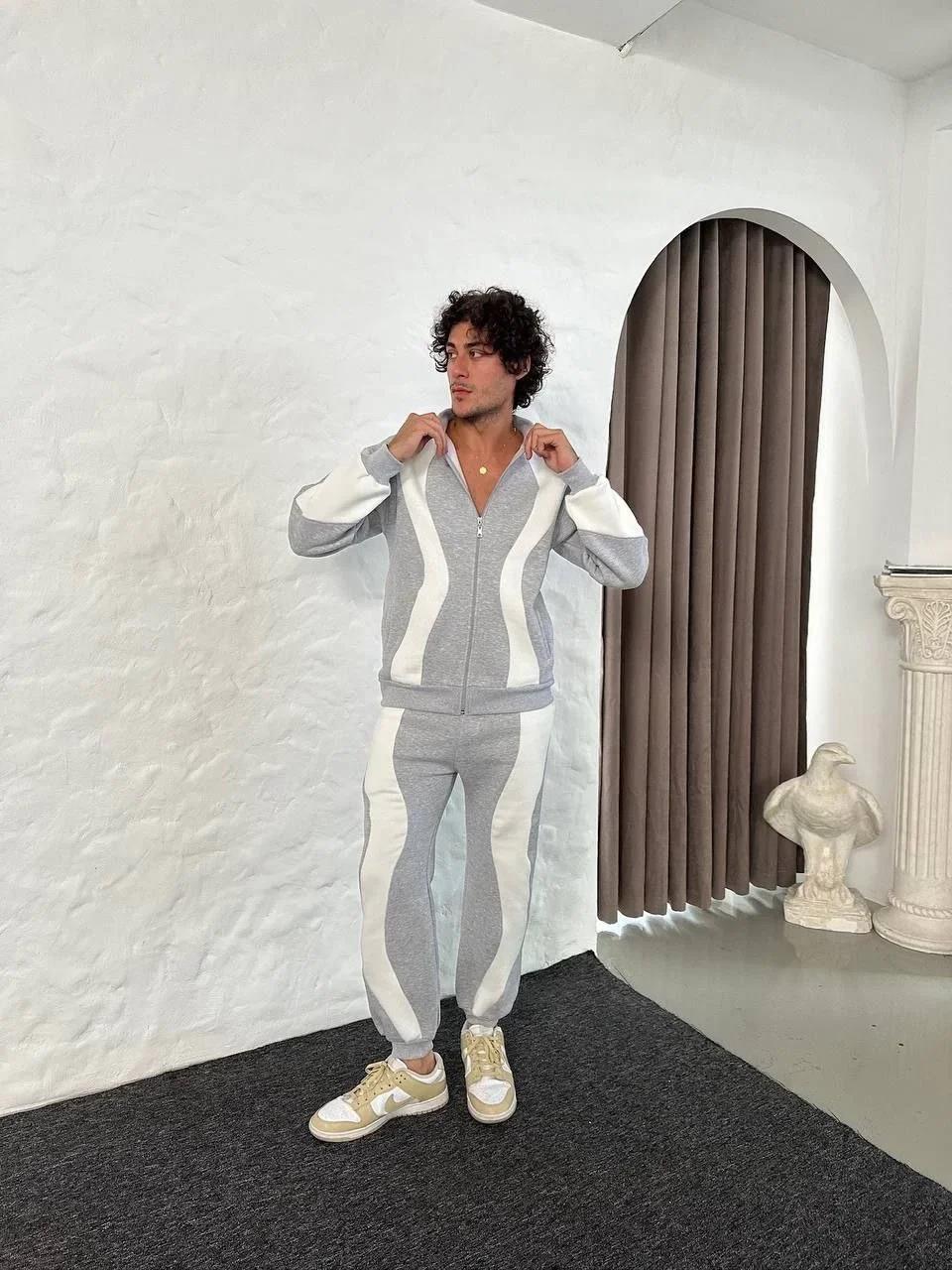 Erkek Premium Parçalı Eşofman Takım - Dik Yaka Fermuarlı Sweatshirt, - Gri