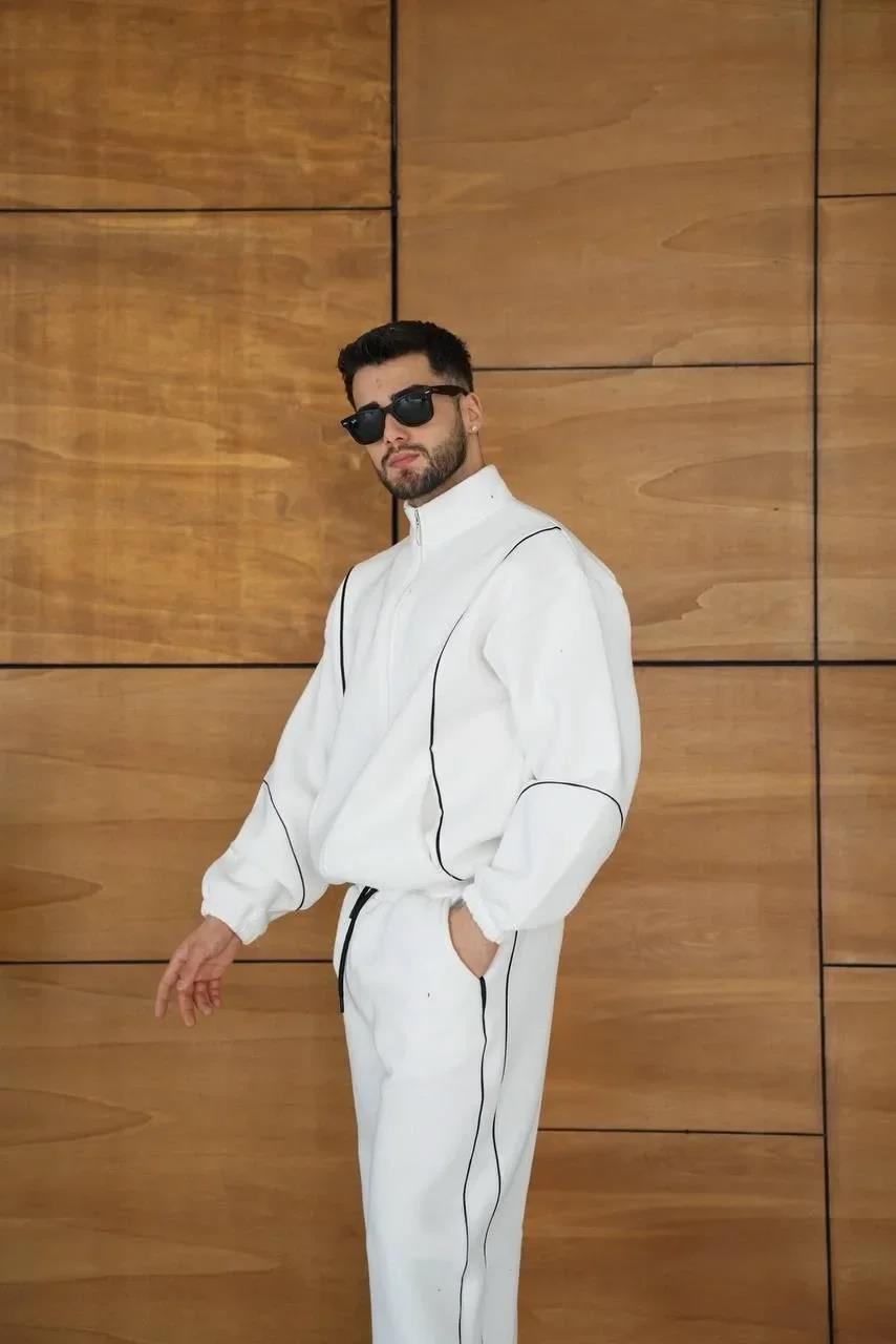 Erkek Premium Parçalı Eşofman Takım - Dik Yaka Fermuarlı Biyeli Sweatshirt Lastik Paça Alt, Oversize 3 iplik Şardonlu - Beyaz