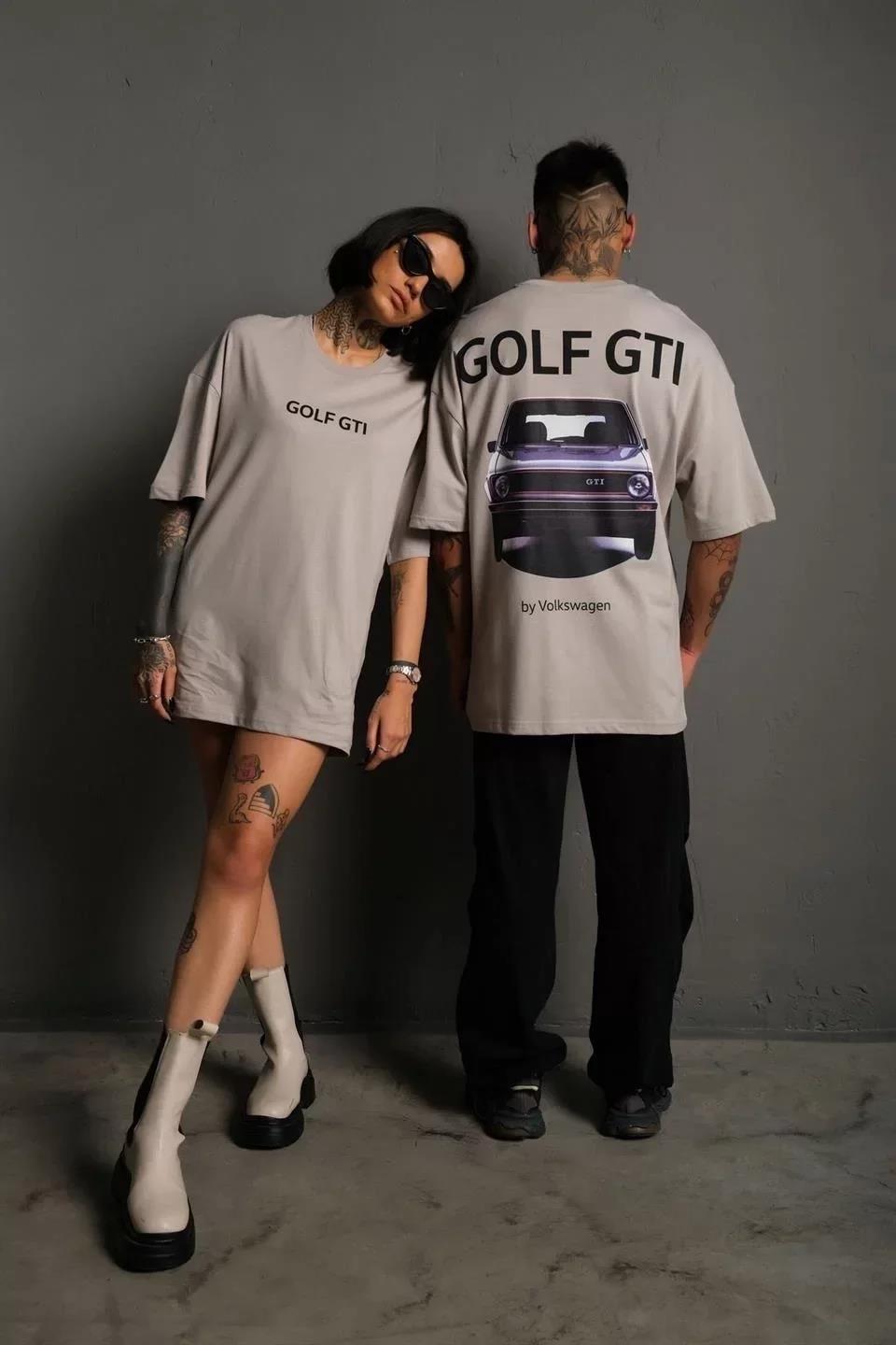 Erkek Sırt Golf Baskılı Oversize T-shirt - Gri