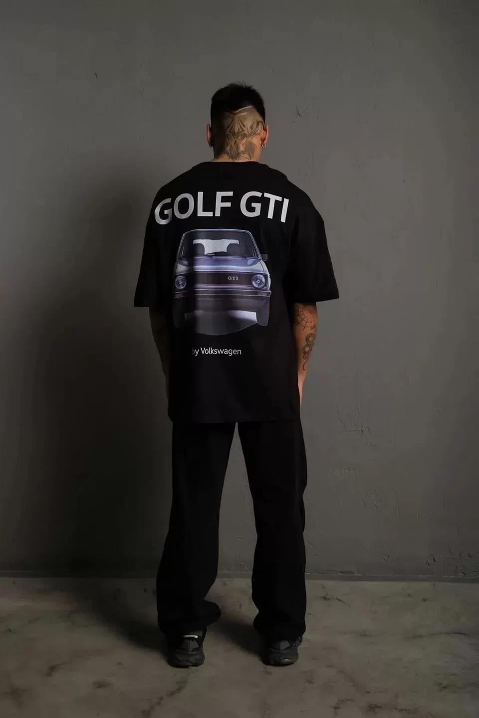 Erkek Sırt Golf Baskılı Oversize T-shirt - Siyah